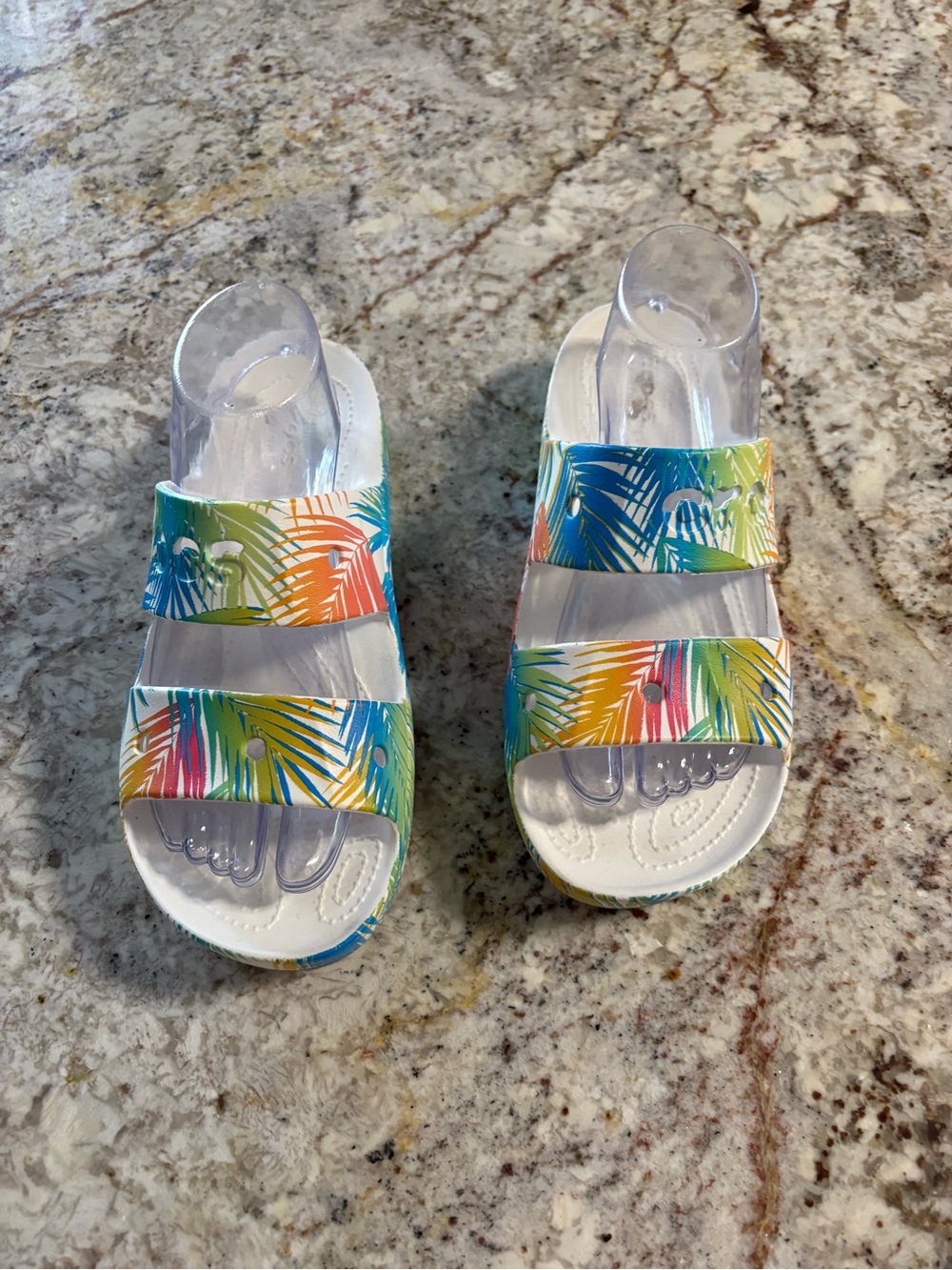 CROCS Women's Double-Strap Tropical Print Mules - Blue Green Orange Yellow